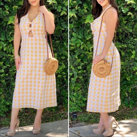 Sugarlips halter midi dress gingham yellow size small - Picture 2 of 12